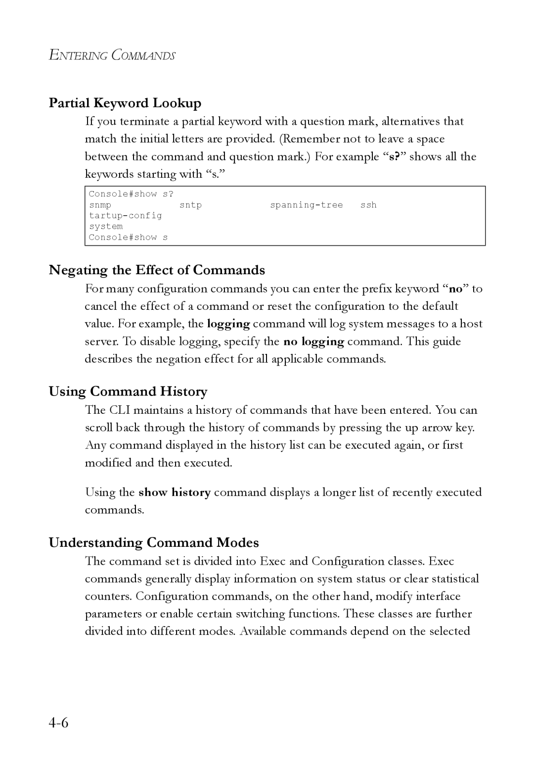 SMC Networks SMC6824M manual Partial Keyword Lookup, Negating the Effect of Commands, Using Command History 