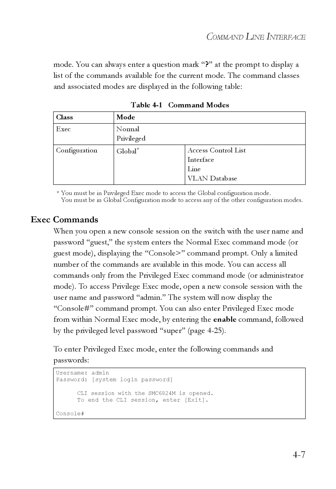 SMC Networks SMC6824M manual Exec Commands, Command Modes, Class Mode 