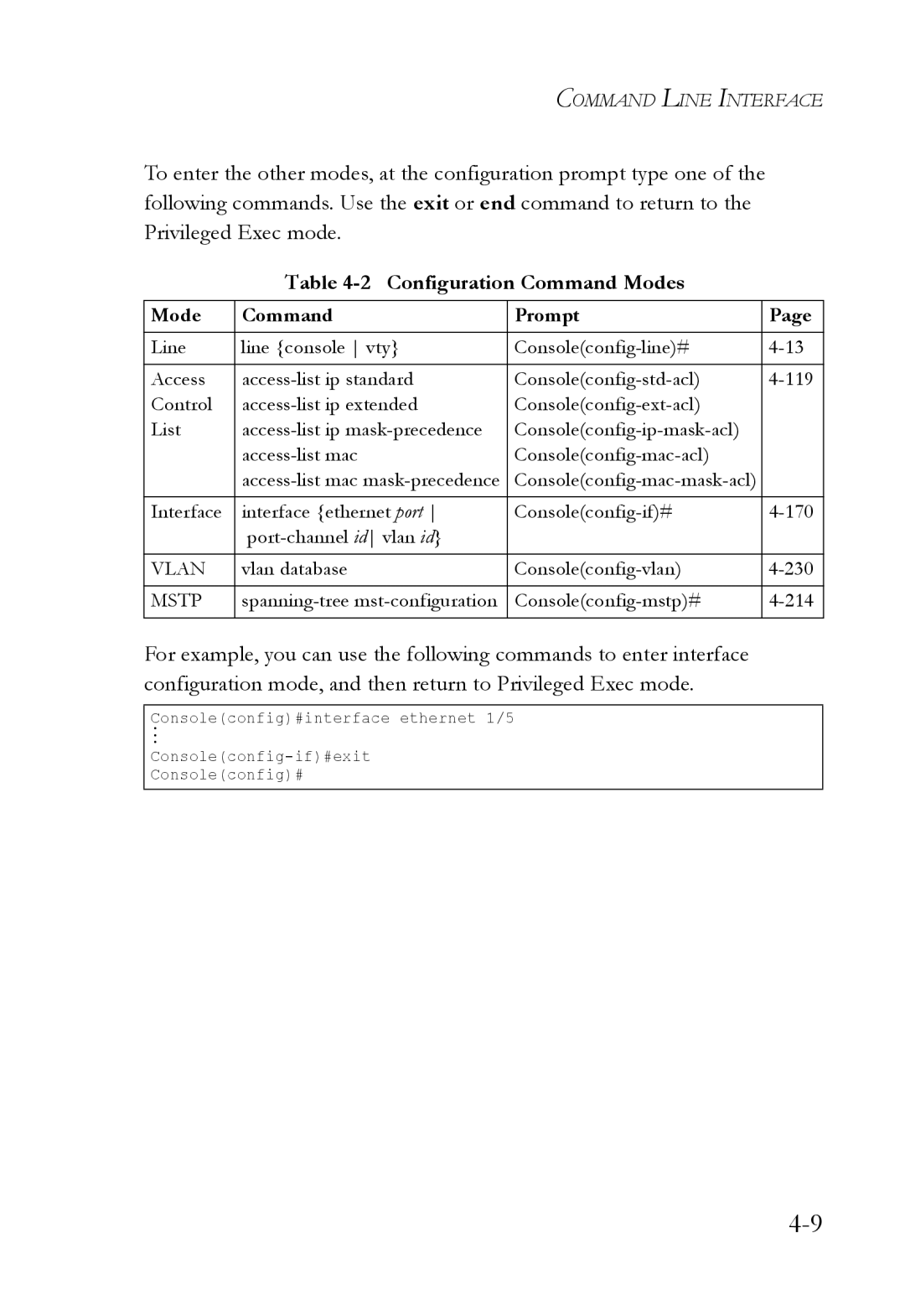 SMC Networks SMC6824M manual Configuration Command Modes, Mode Command Prompt 