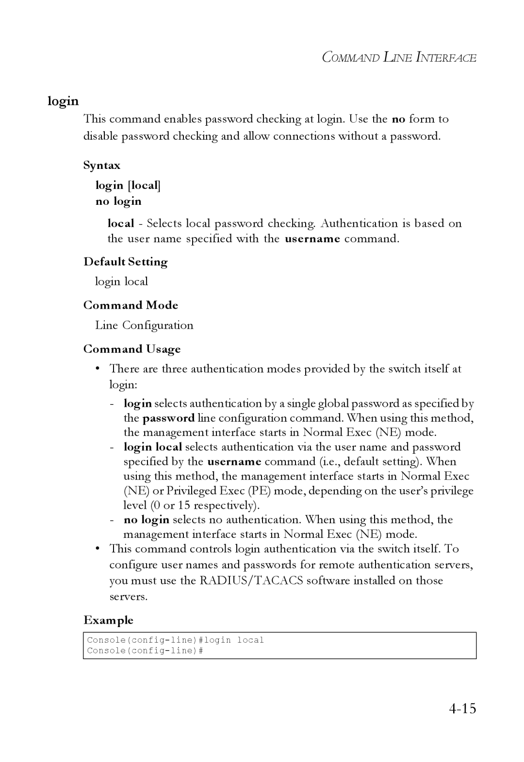 SMC Networks SMC6824M manual Syntax Login local no login, Line Configuration 