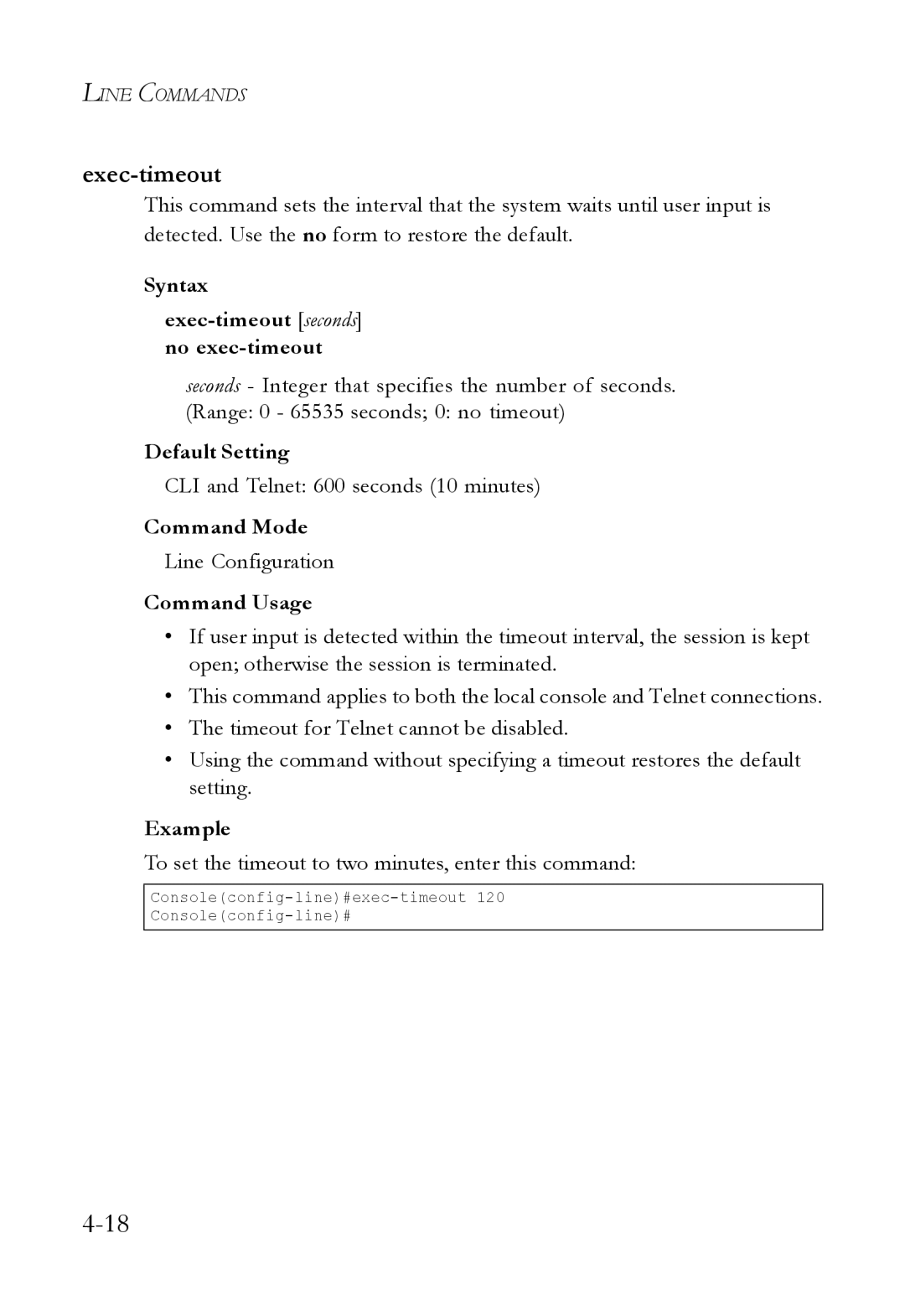 SMC Networks SMC6824M manual Syntax Exec-timeout seconds no exec-timeout, CLI and Telnet 600 seconds 10 minutes 