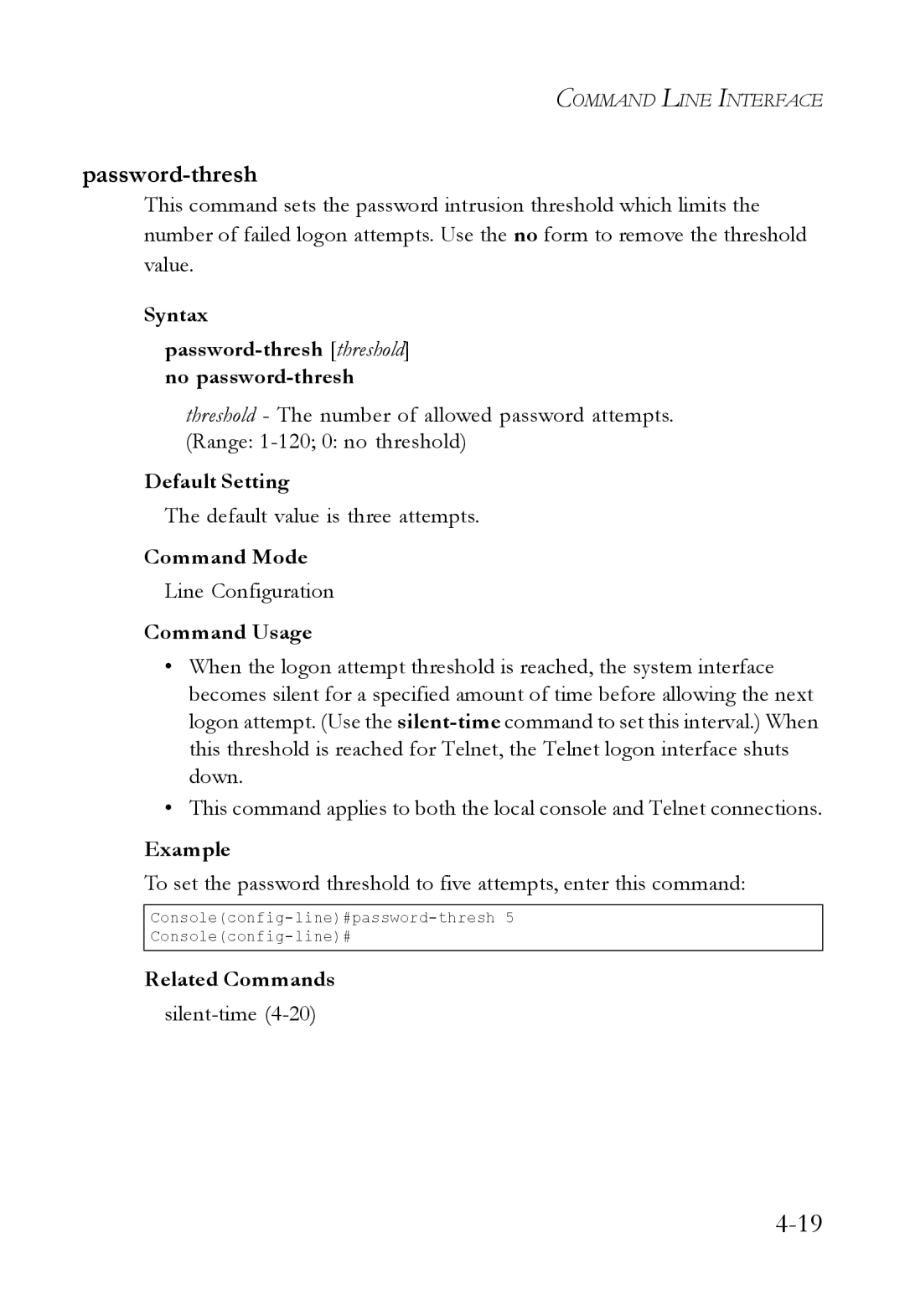 SMC Networks SMC6824M manual Syntax Password-thresh threshold no password-thresh, Default value is three attempts 