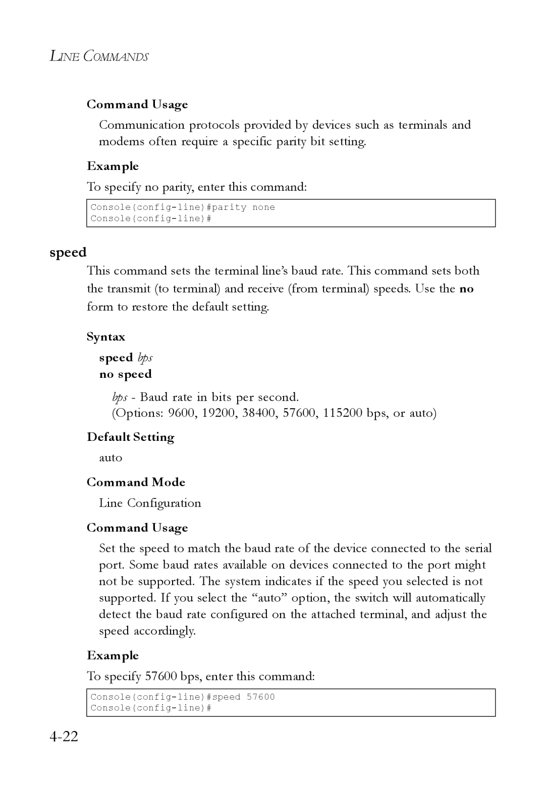 SMC Networks SMC6824M manual To specify no parity, enter this command, Syntax Speed bps no speed, Auto 