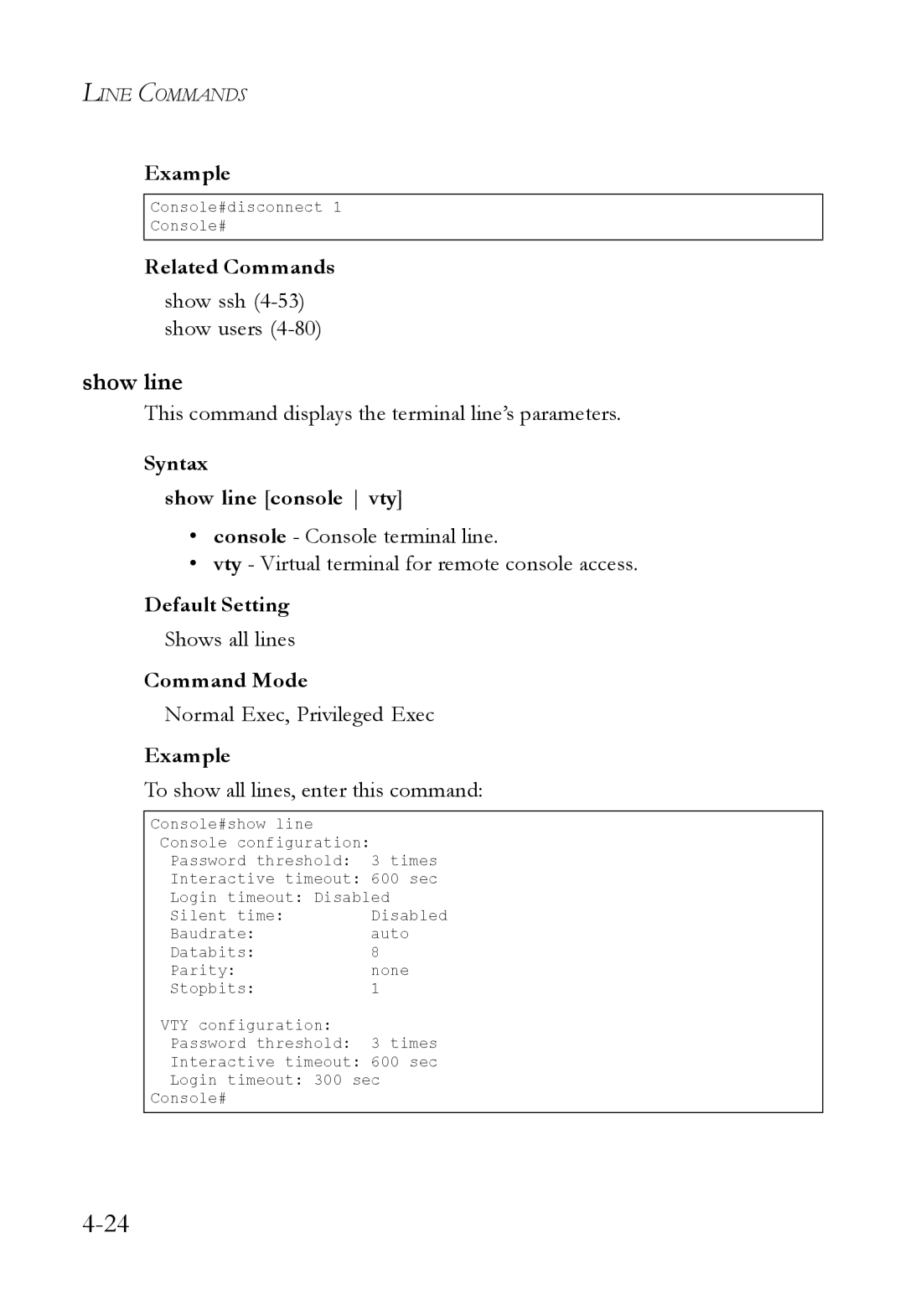 SMC Networks SMC6824M manual Syntax Show line console vty 