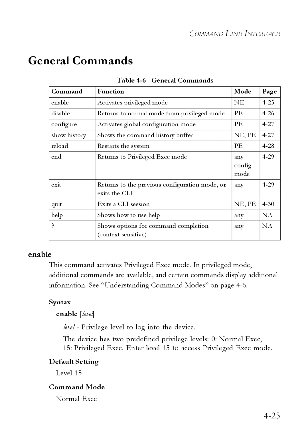 SMC Networks SMC6824M manual General Commands, Enable, Syntax enable level 