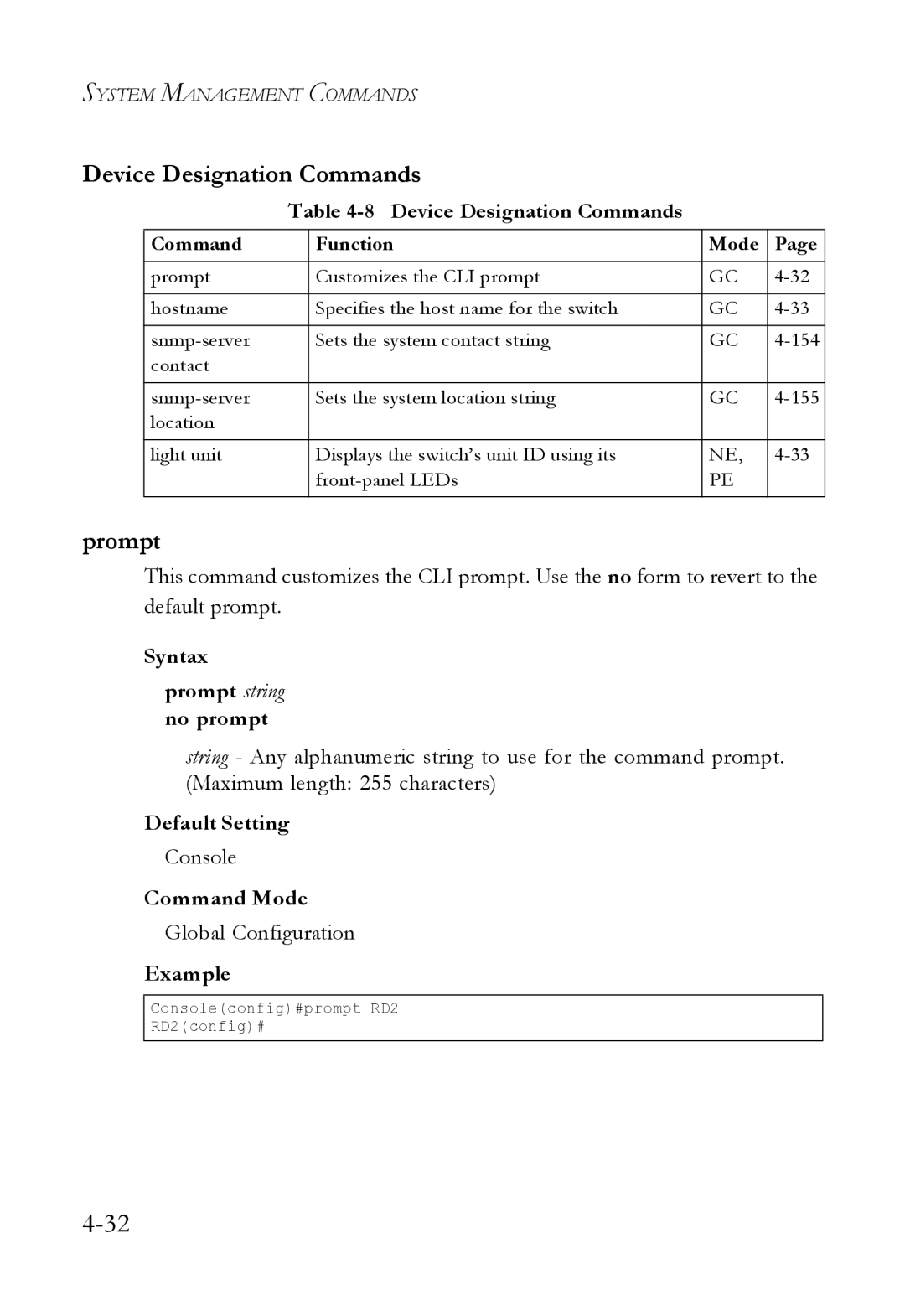 SMC Networks SMC6824M manual Device Designation Commands, Syntax Prompt string no prompt, Console 