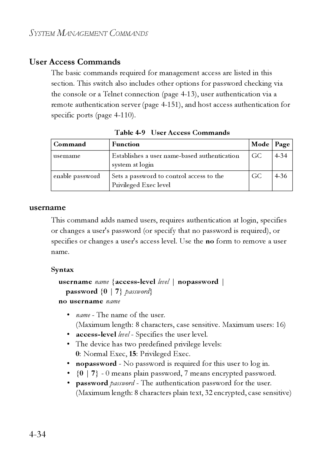 SMC Networks SMC6824M manual User Access Commands, Username 