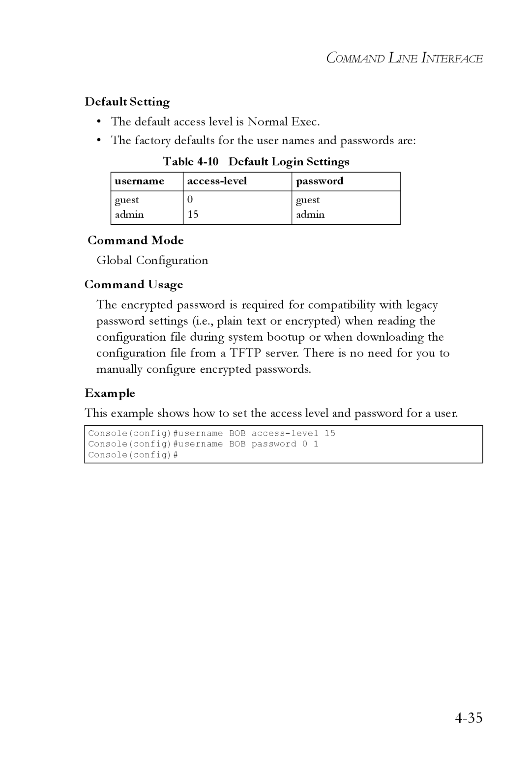 SMC Networks SMC6824M manual Default Login Settings, Username Access-level Password 