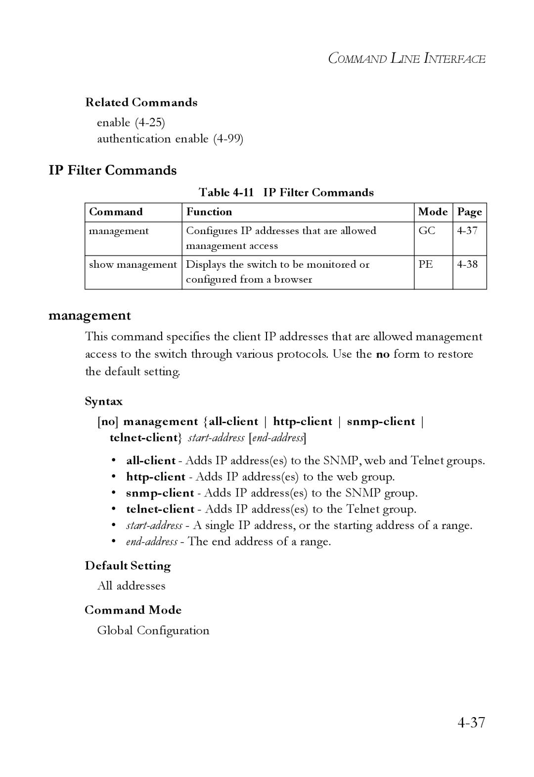 SMC Networks SMC6824M manual IP Filter Commands, Management, Enable 4-25authentication enable, All addresses 