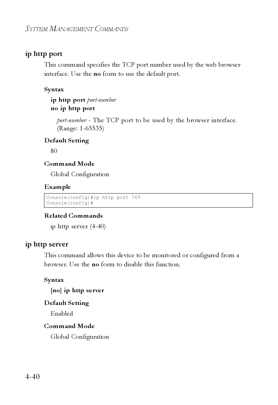 SMC Networks SMC6824M Ip http server, Syntax Ip http port port-numberno ip http port, Default Setting Command Mode 