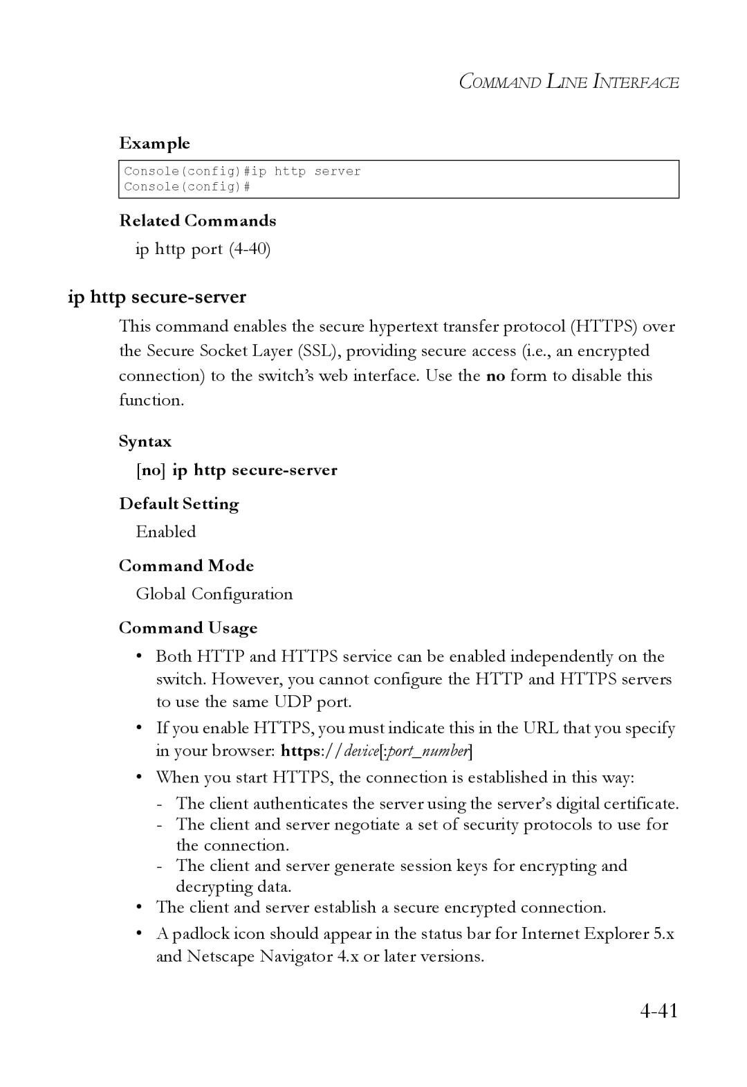 SMC Networks SMC6824M manual Ip http secure-server, Syntax No ip http secure-server Default Setting 