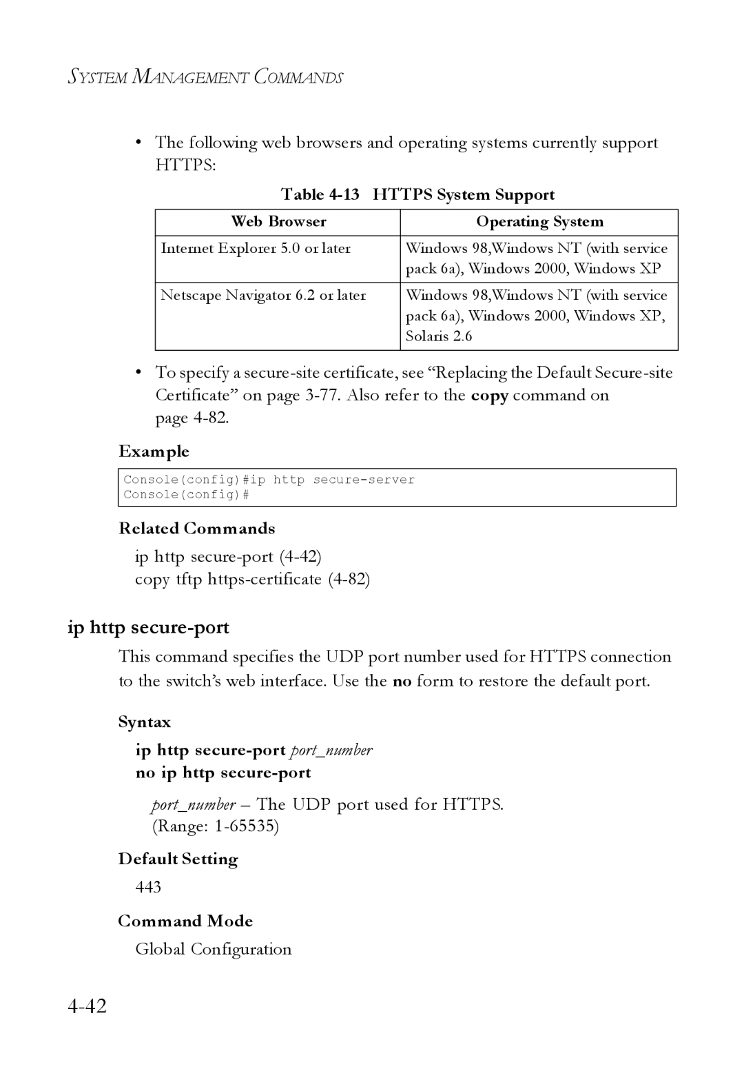 SMC Networks SMC6824M manual Https System Support, Ip http secure-port4-42 Copy tftp https-certificate, 443 