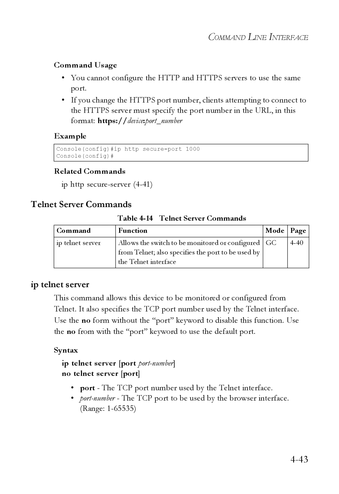 SMC Networks SMC6824M manual Telnet Server Commands, Ip telnet server, Ip http secure-server4-41 