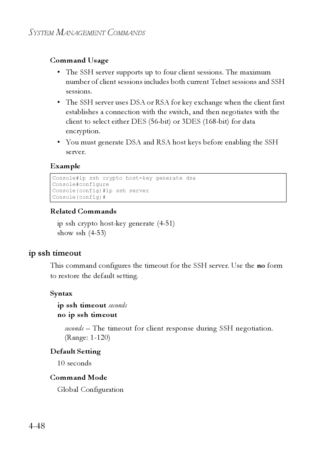 SMC Networks SMC6824M manual Ip ssh timeout, Ip ssh crypto host-key generate 4-51 show ssh, Seconds 