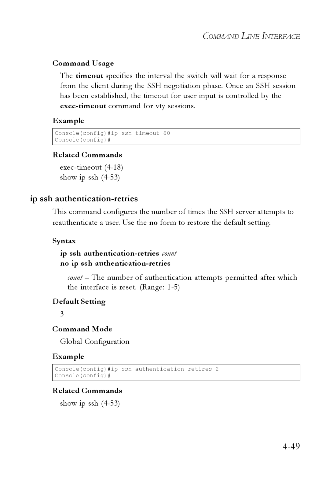 SMC Networks SMC6824M manual Ip ssh authentication-retries, Exec-timeout4-18 show ip ssh 