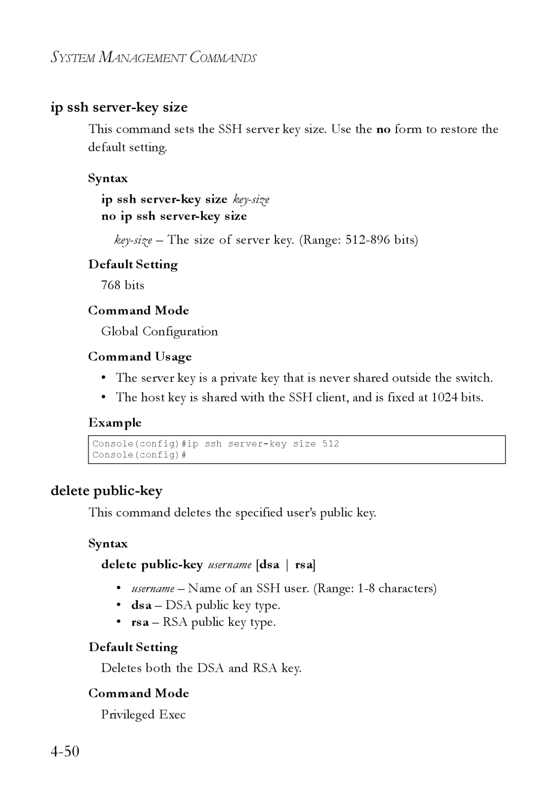 SMC Networks SMC6824M manual Ip ssh server-key size, Syntax Delete public-key username dsa rsa 