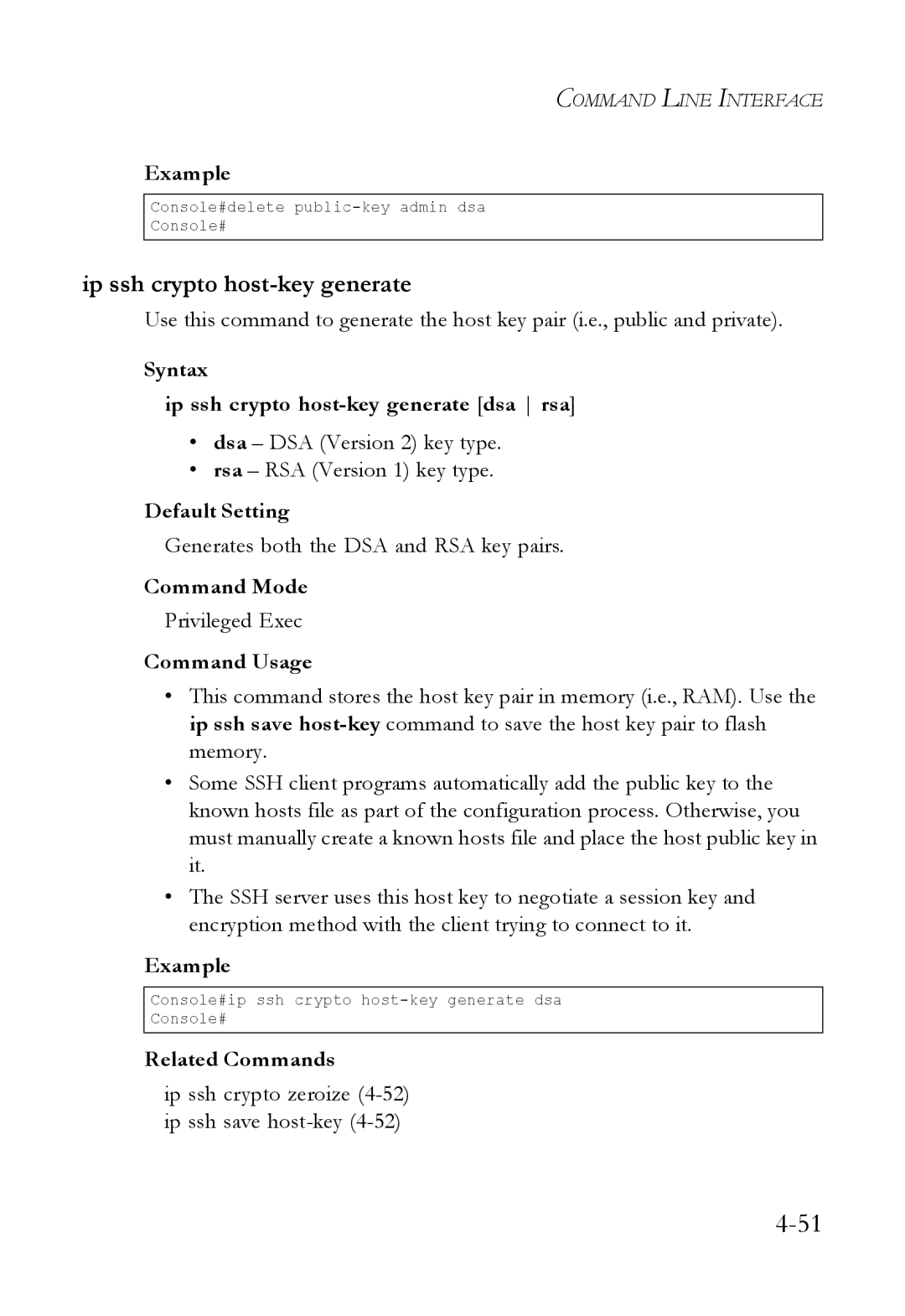 SMC Networks SMC6824M manual Syntax Ip ssh crypto host-key generate dsa rsa, Generates both the DSA and RSA key pairs 