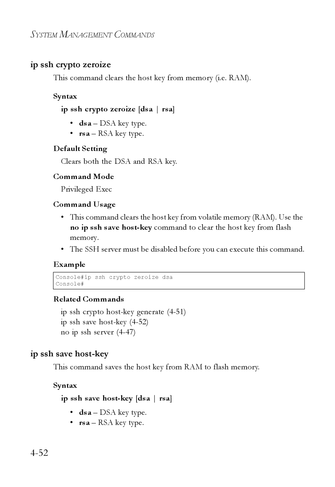 SMC Networks SMC6824M manual Syntax Ip ssh crypto zeroize dsa rsa, Syntax Ip ssh save host-key dsa rsa 