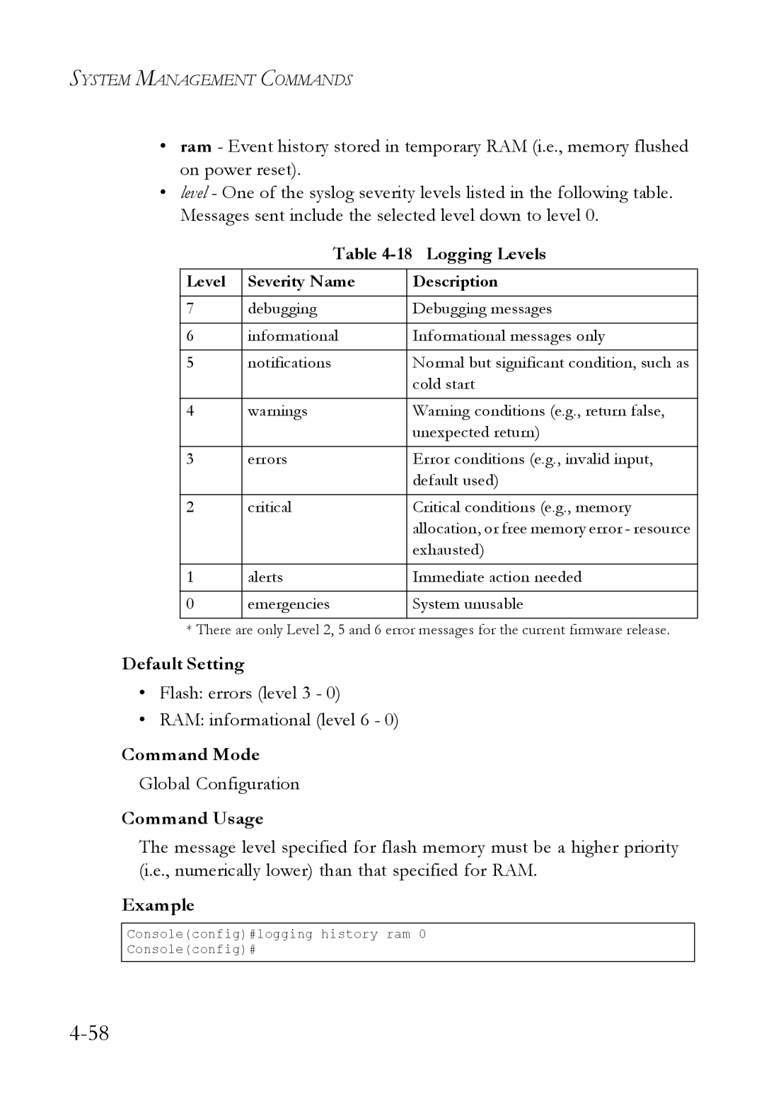 SMC Networks SMC6824M Logging Levels, Flash errors level 3 RAM informational level 6, Level Severity Name Description 