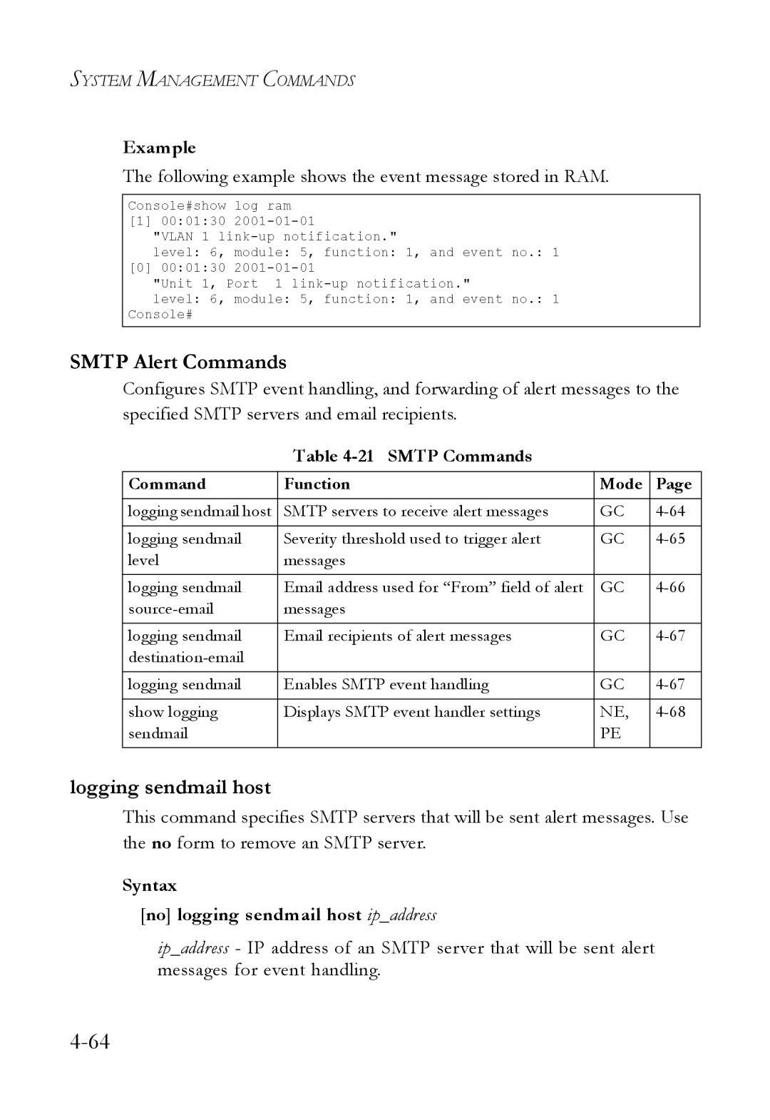 SMC Networks SMC6824M Smtp Alert Commands, Logging sendmail host, Following example shows the event message stored in RAM 