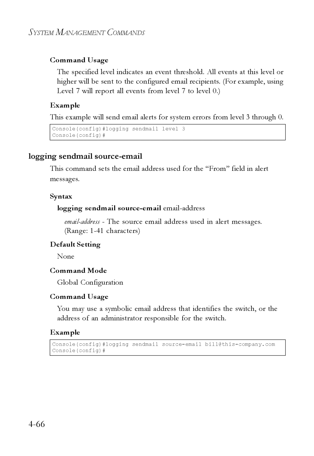 SMC Networks SMC6824M manual Syntax Logging sendmail source-email email-address 