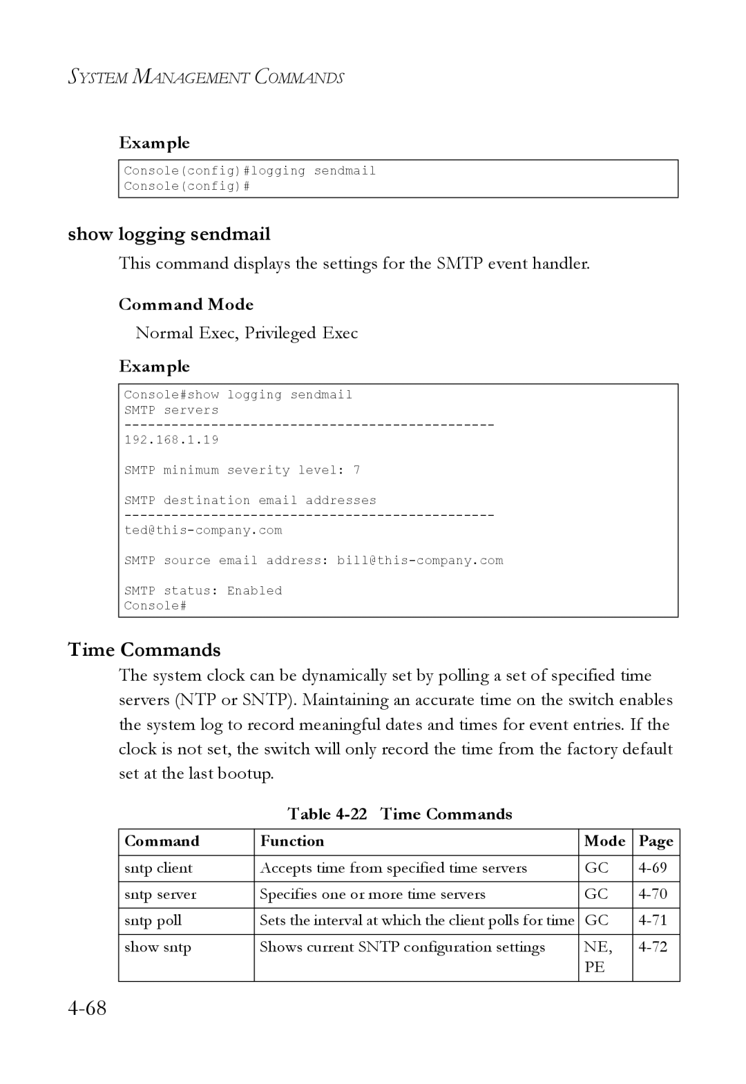 SMC Networks SMC6824M manual Show logging sendmail, Time Commands 
