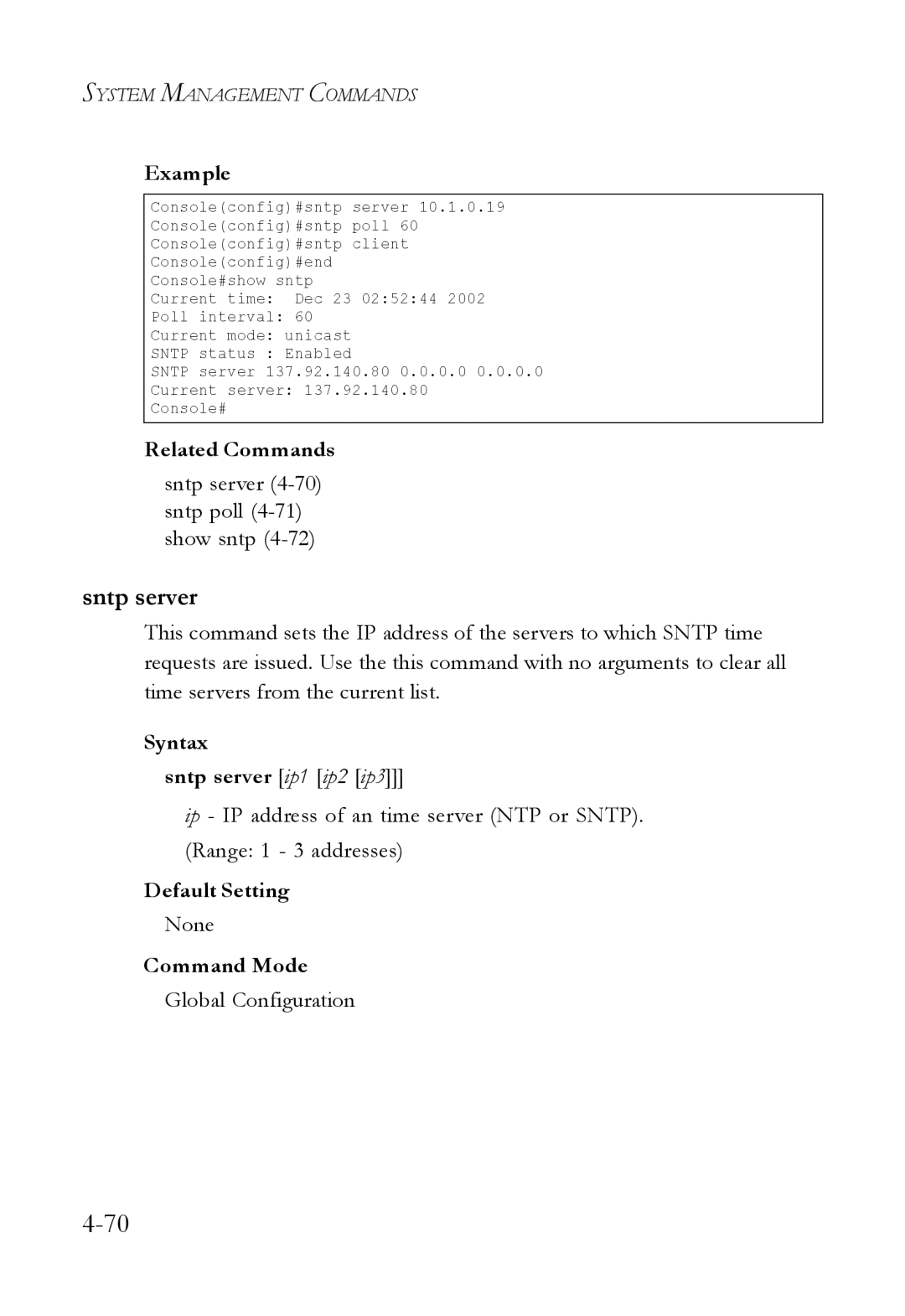 SMC Networks SMC6824M manual Sntp server 4-70 sntp poll 4-71 show sntp, Syntax Sntp server ip1 ip2 ip3 