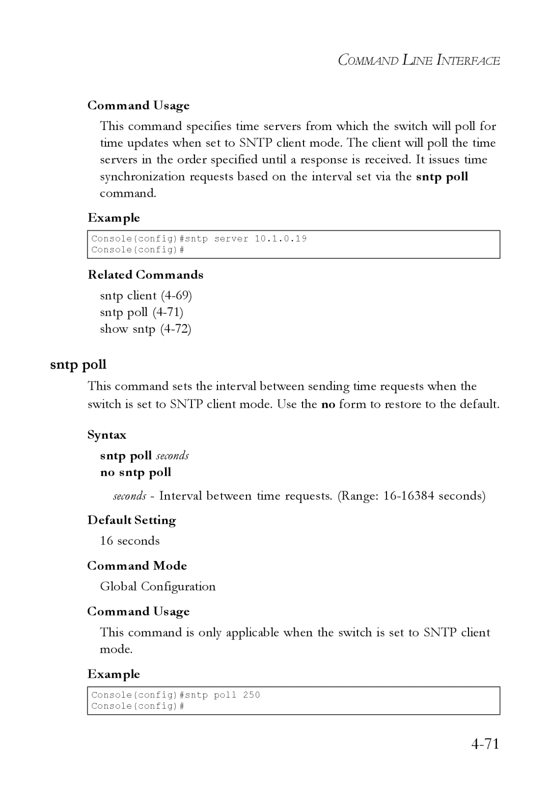 SMC Networks SMC6824M manual Sntp client 4-69 sntp poll 4-71 show sntp, Syntax Sntp poll seconds no sntp poll 