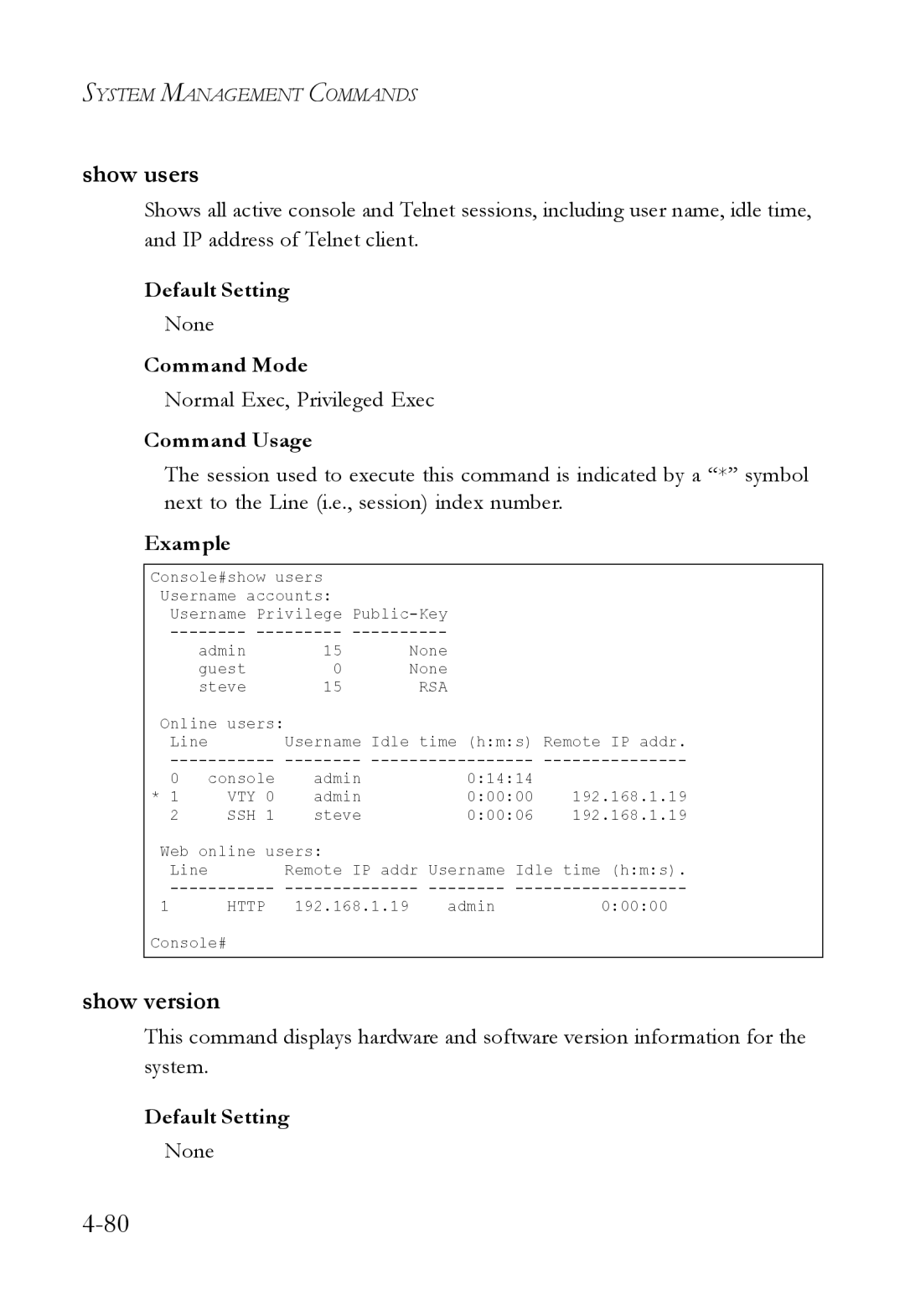 SMC Networks SMC6824M manual Show users, Show version 