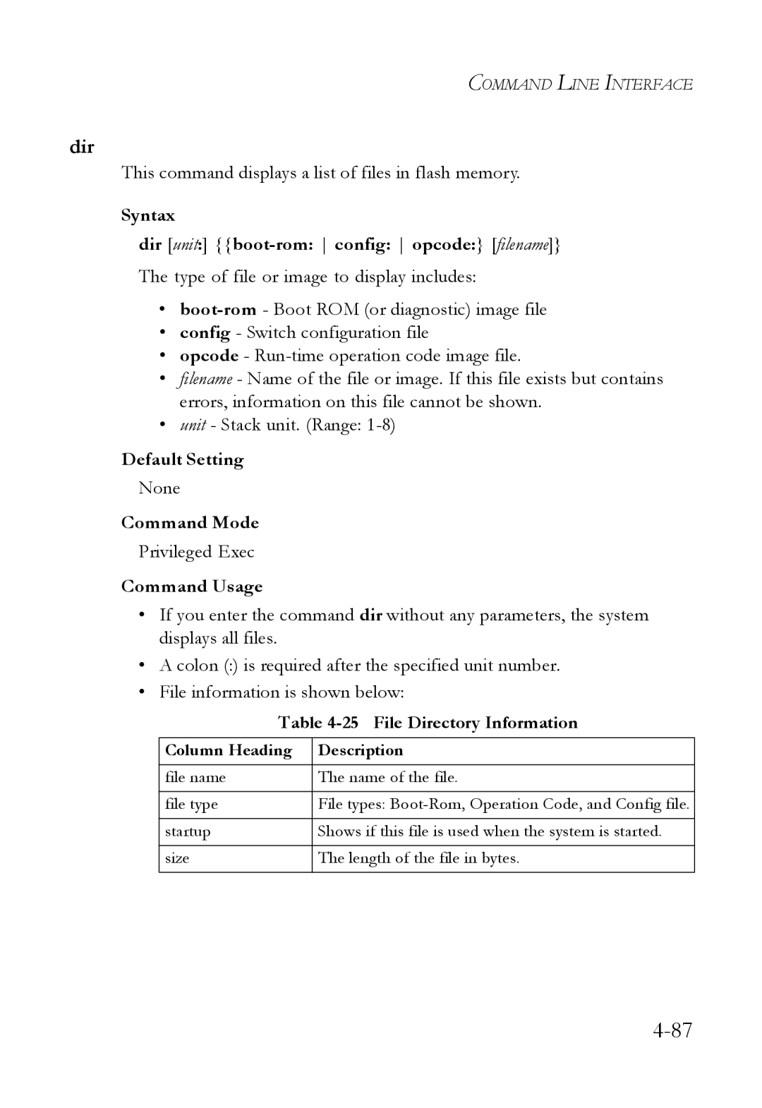 SMC Networks SMC6824M manual This command displays a list of files in flash memory, File Directory Information 