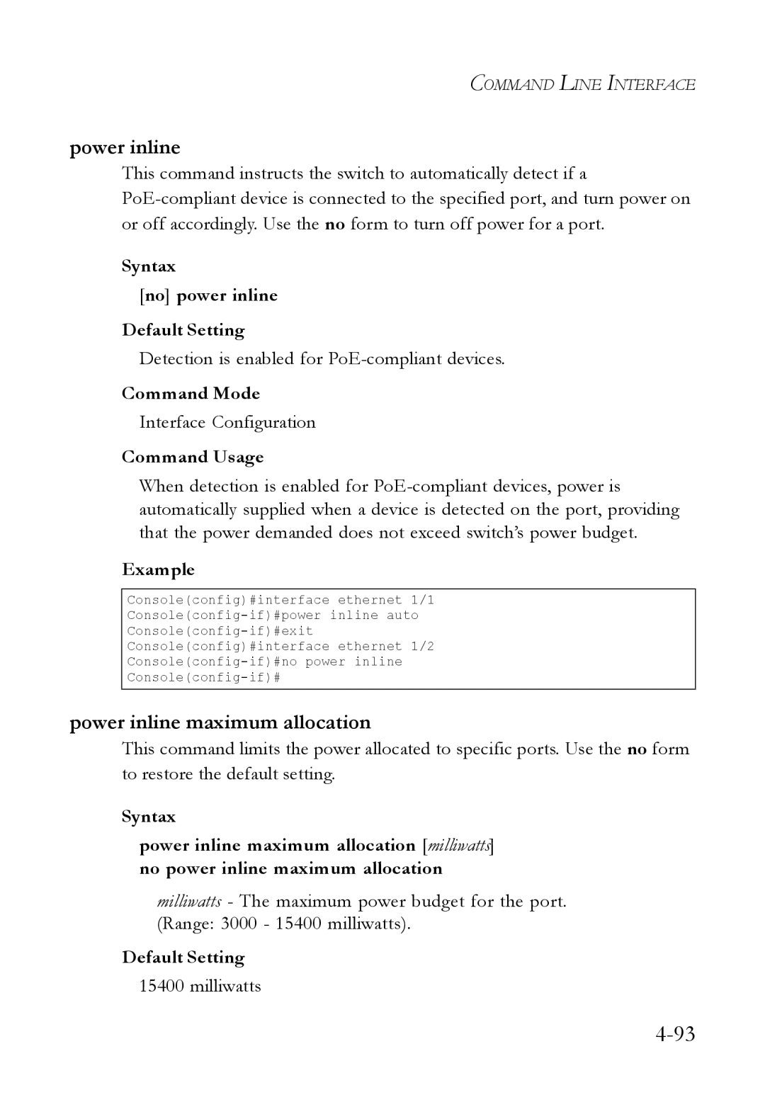 SMC Networks SMC6824M manual Power inline maximum allocation, Syntax No power inline Default Setting 