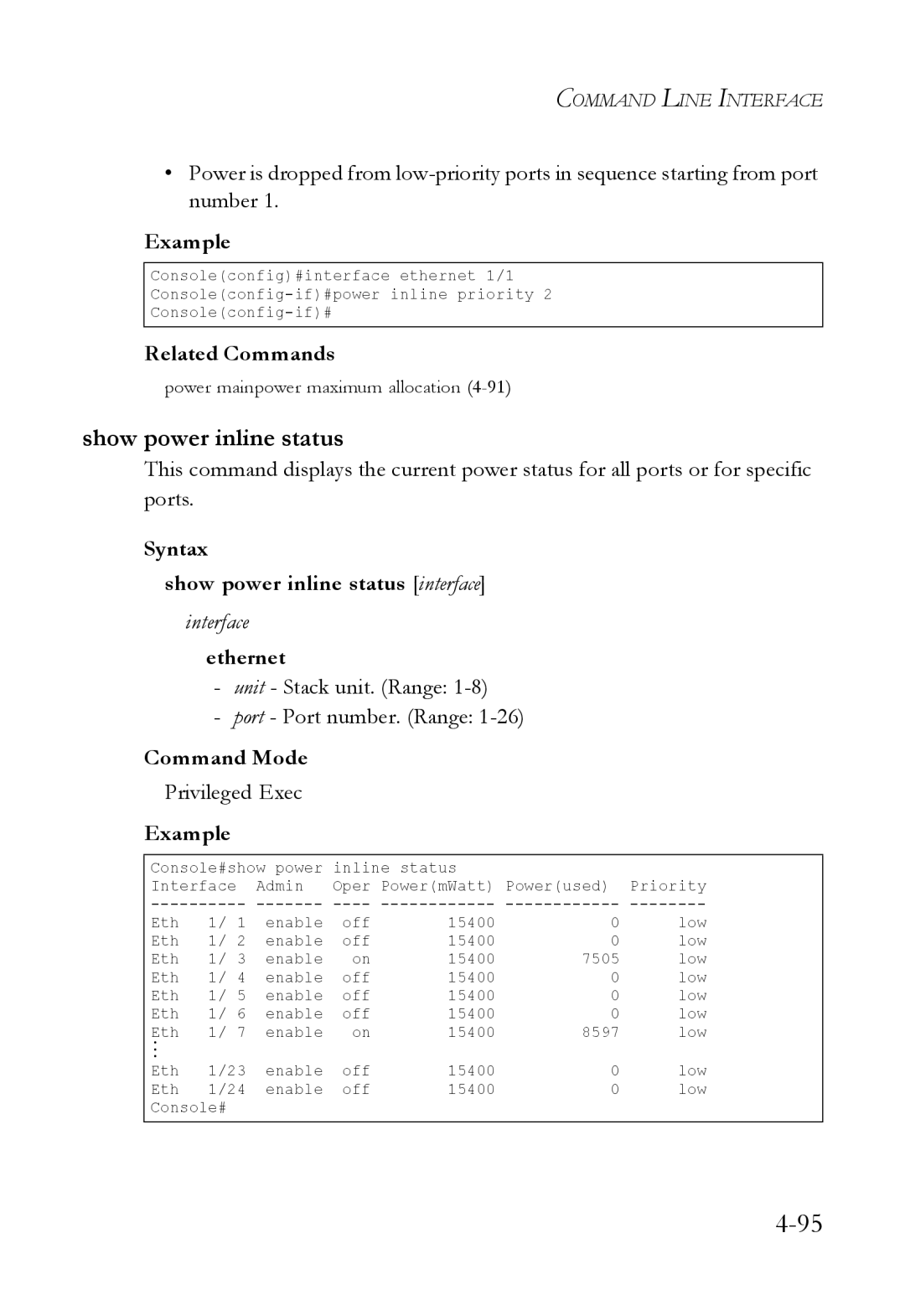 SMC Networks SMC6824M manual Syntax Show power inline status interface, Ethernet 