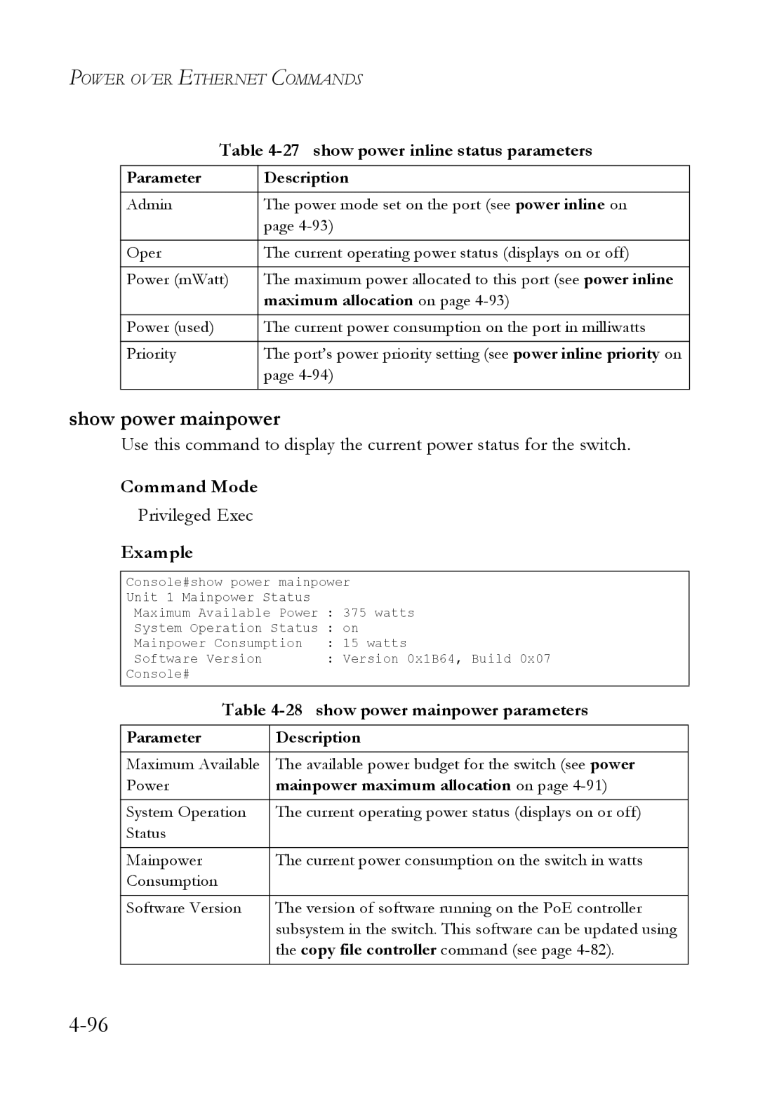 SMC Networks SMC6824M manual Show power mainpower, show power inline status parameters, show power mainpower parameters 