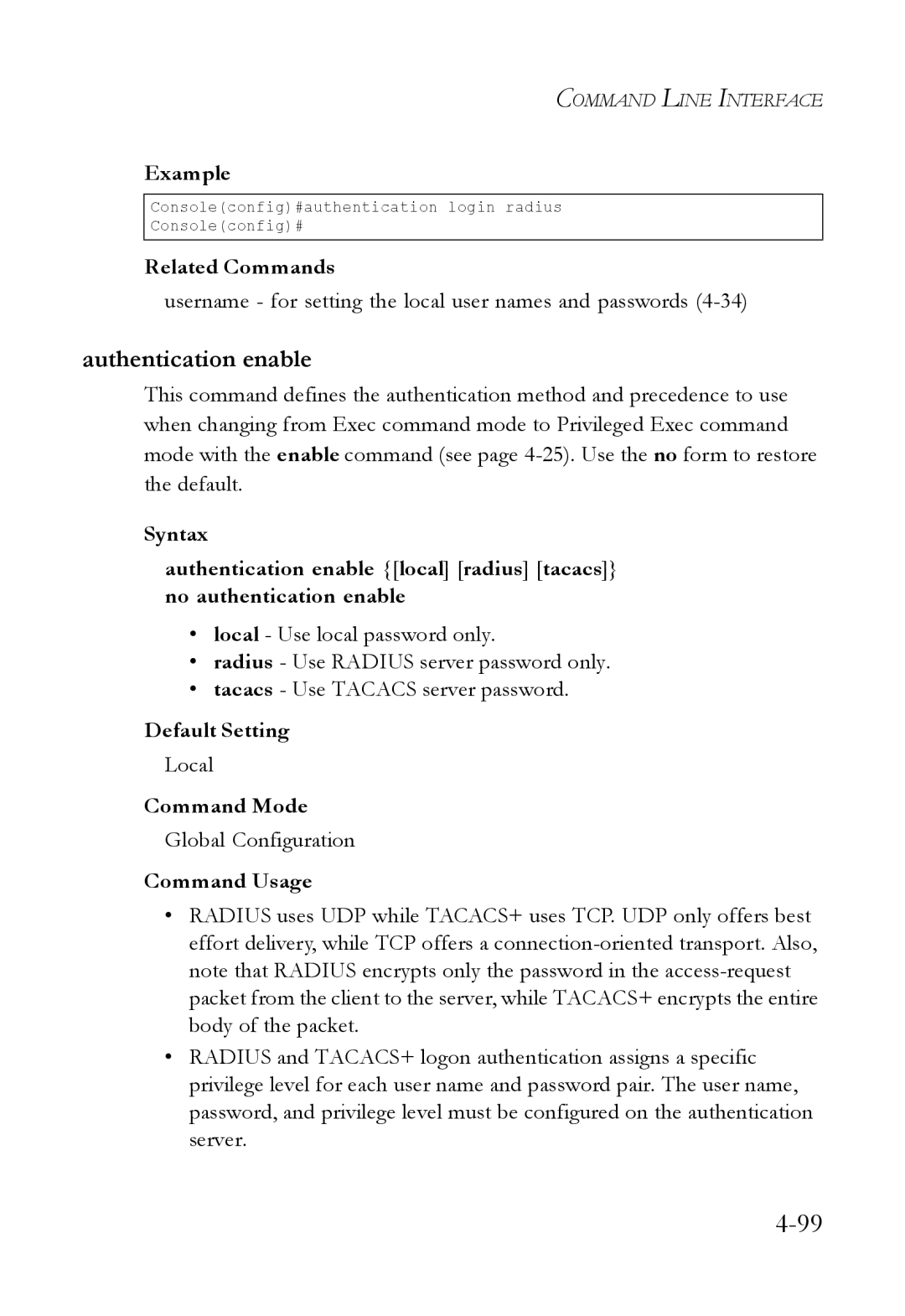 SMC Networks SMC6824M manual Authentication enable, Username for setting the local user names and passwords 