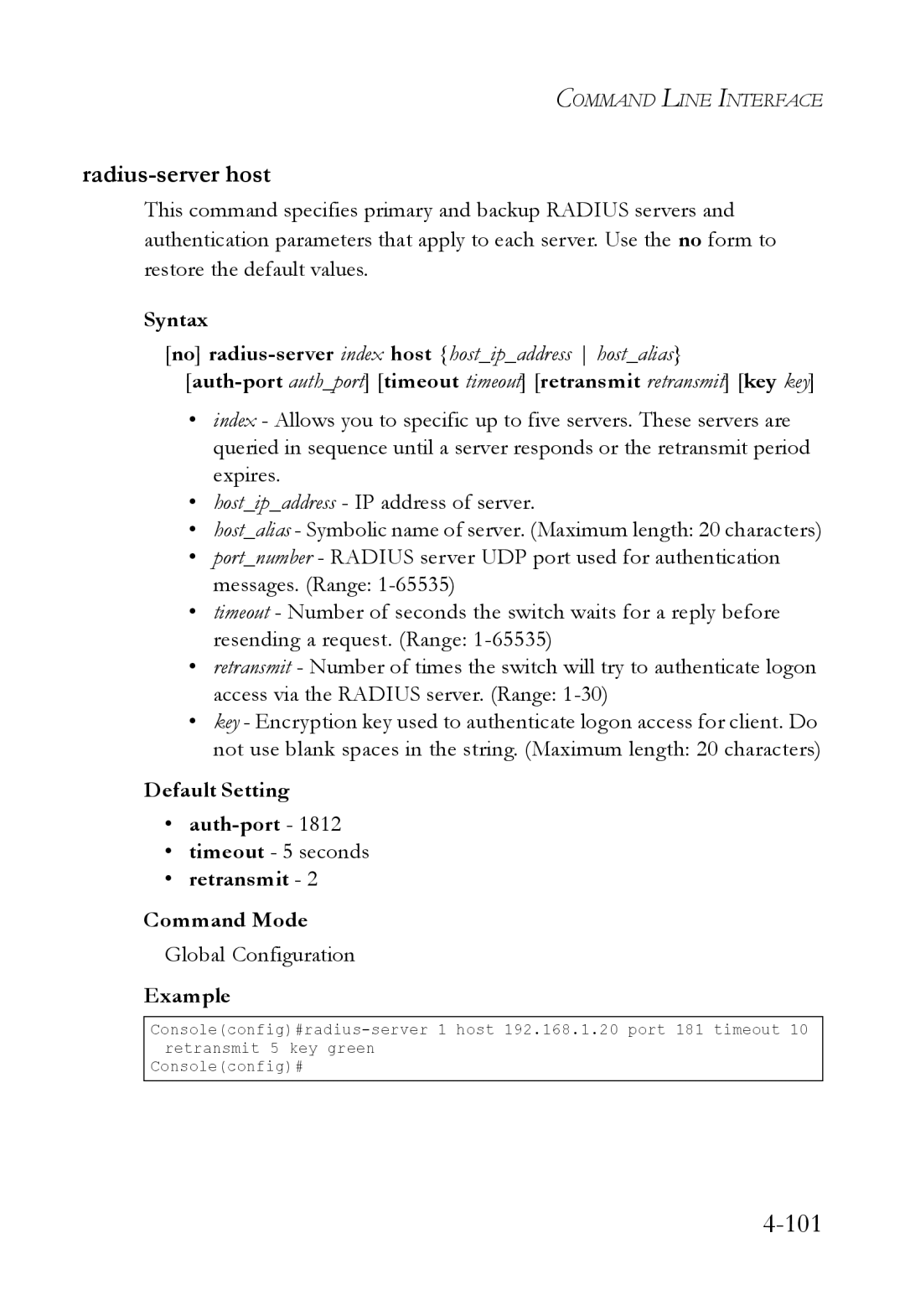 SMC Networks SMC6824M manual Radius-server host, Default Setting Auth-port, Timeout 5 seconds, Retransmit Command Mode 