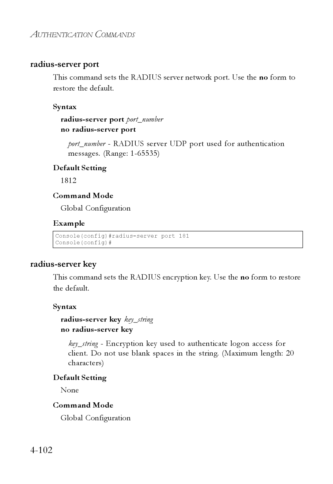 SMC Networks SMC6824M manual Radius-server key, Syntax Radius-server port portnumber no radius-server port, 1812 