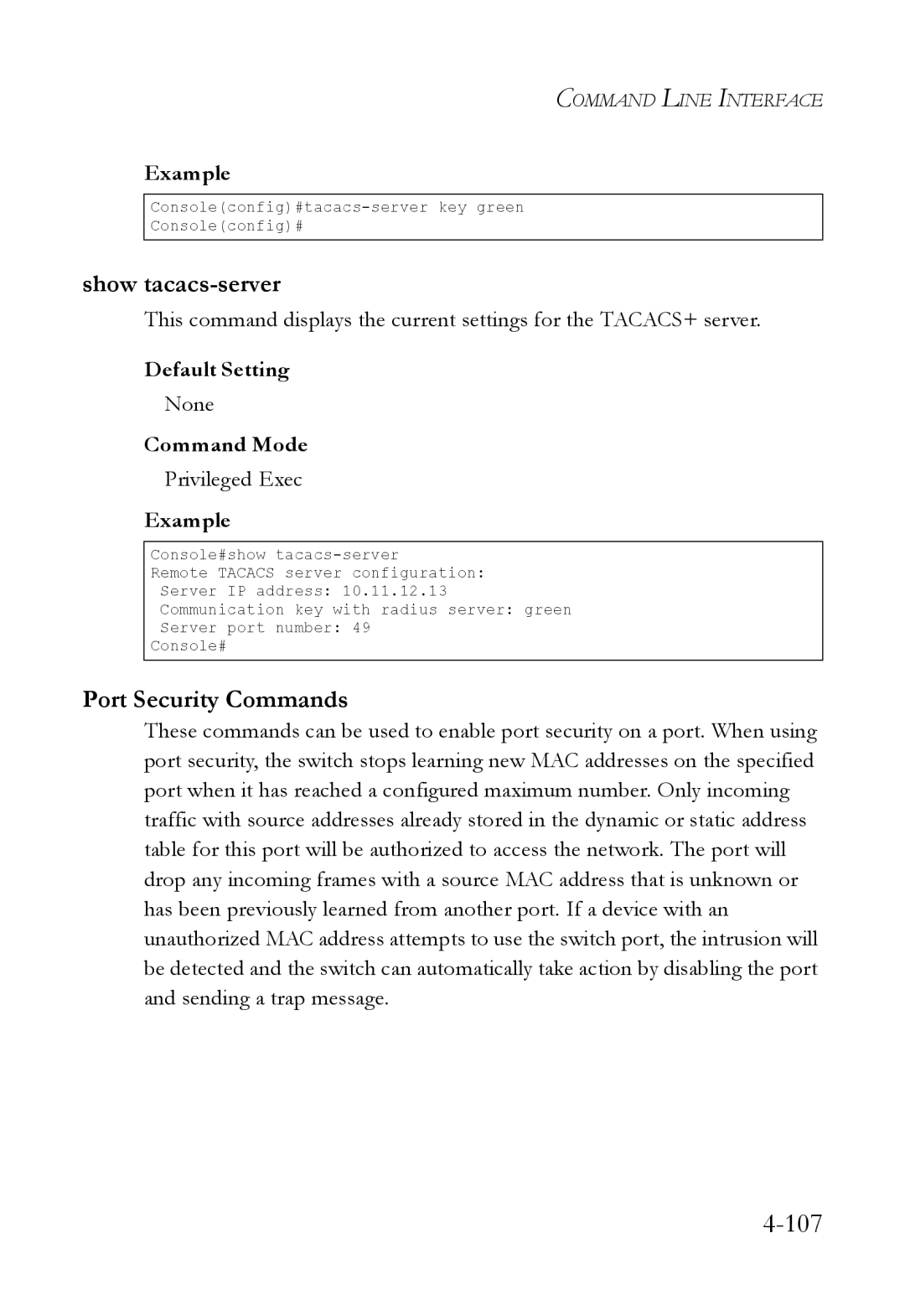 SMC Networks SMC6824M manual Show tacacs-server, Port Security Commands 