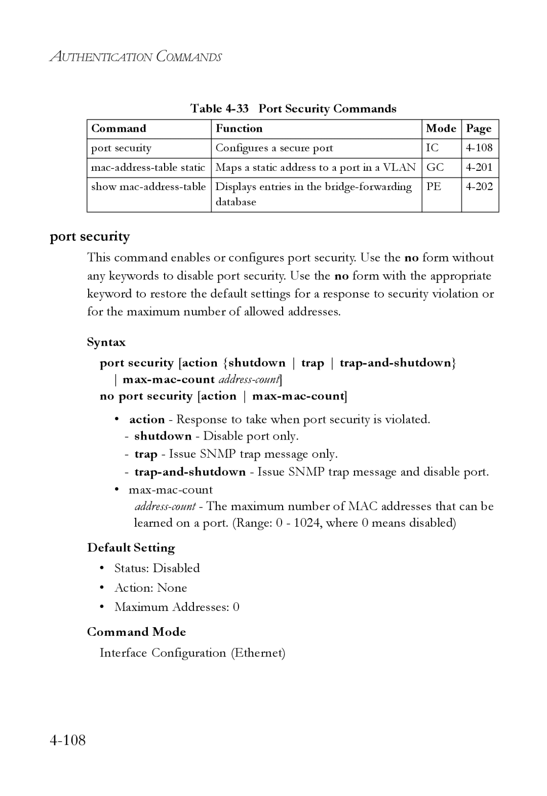 SMC Networks SMC6824M manual Port security, Port Security Commands, Status Disabled Action None Maximum Addresses 