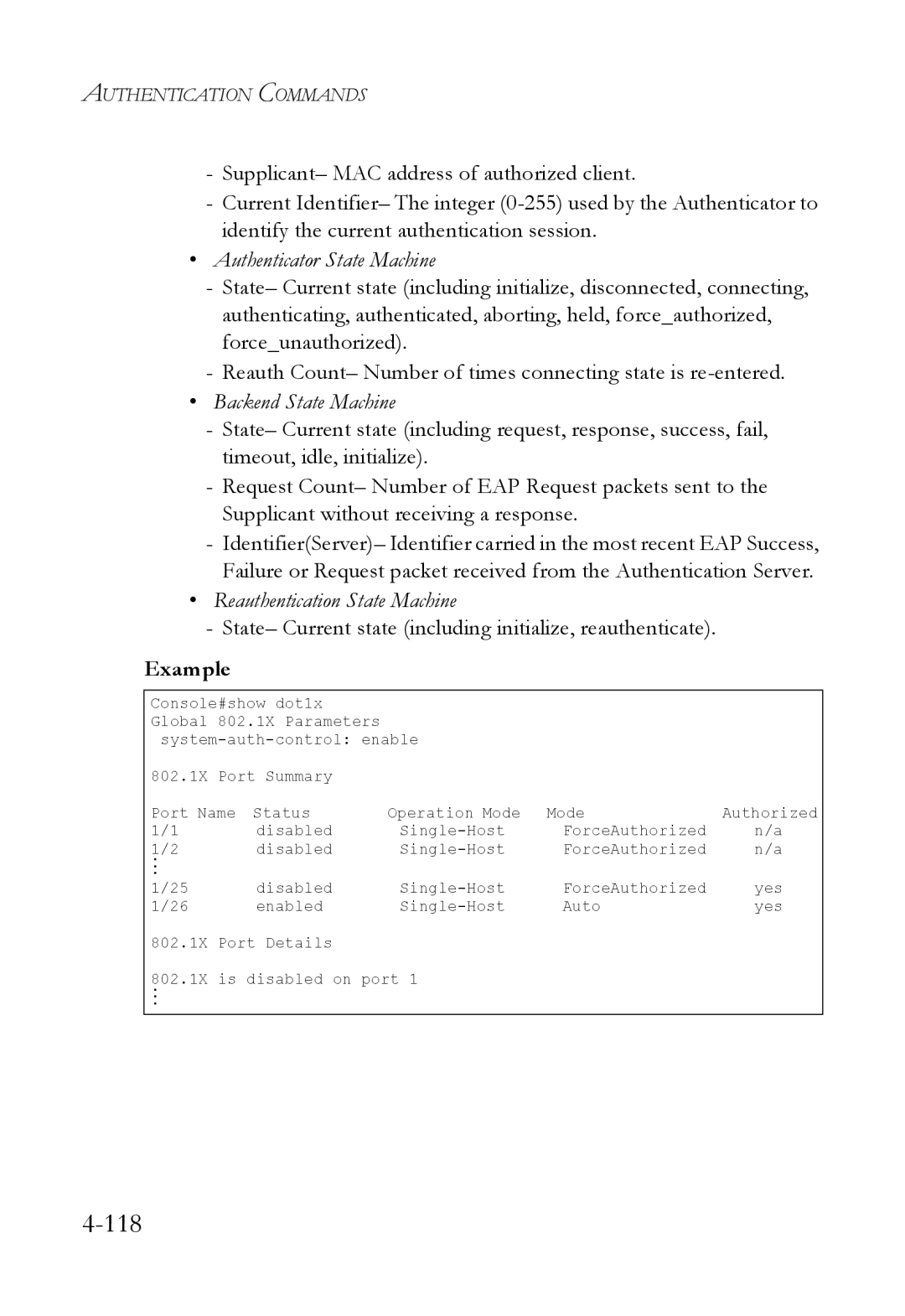 SMC Networks SMC6824M manual Authenticator State Machine, State- Current state including initialize, reauthenticate 