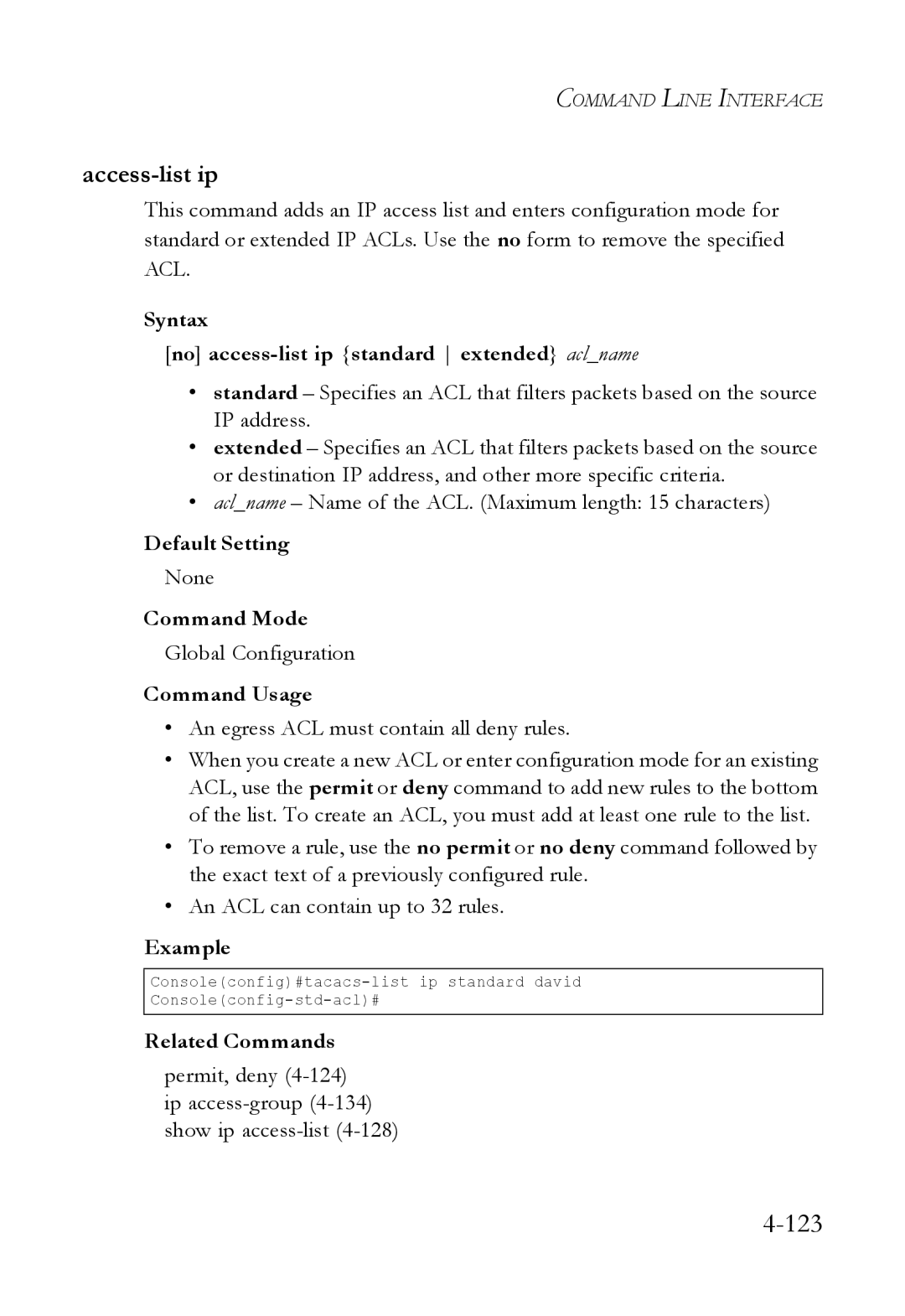 SMC Networks SMC6824M manual Access-list ip, Syntax No access-list ip standard extended aclname 