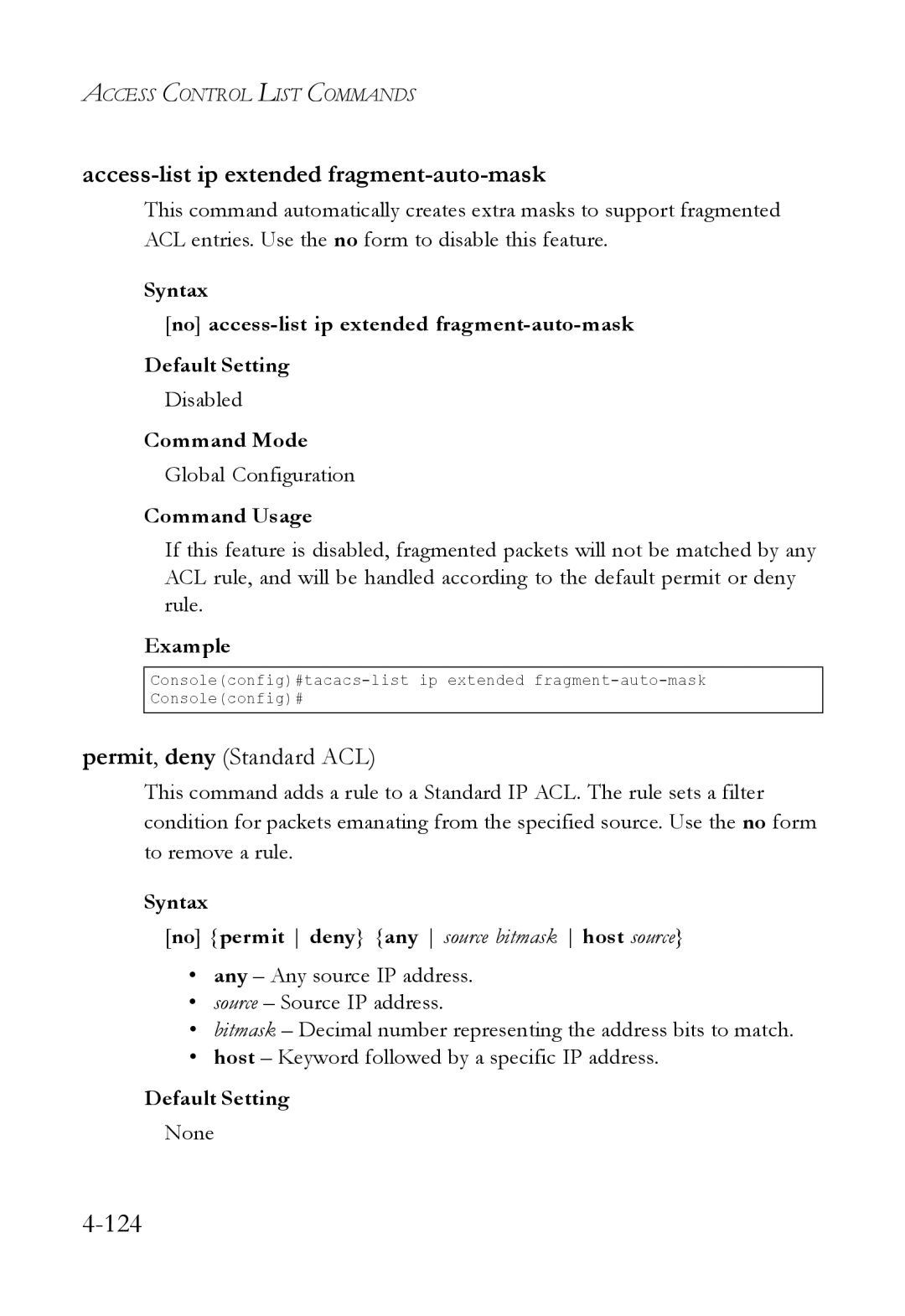 SMC Networks SMC6824M manual Access-list ip extended fragment-auto-mask, Permit, deny Standard ACL 