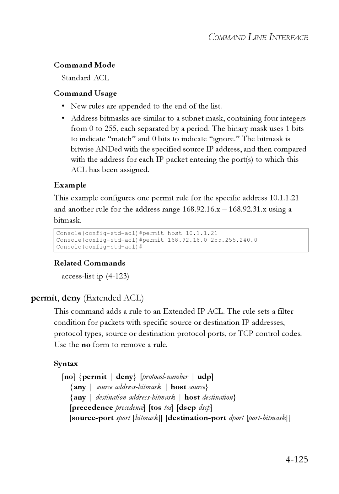 SMC Networks SMC6824M manual Permit, deny Extended ACL, Standard ACL 