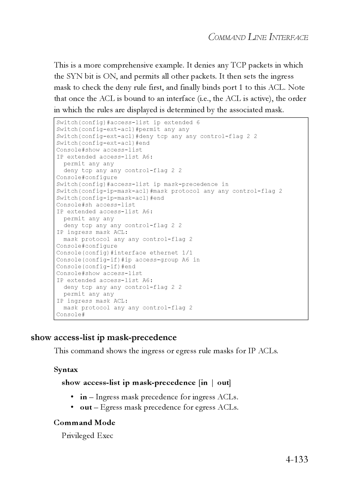 SMC Networks SMC6824M manual Syntax Show access-list ip mask-precedence in out 