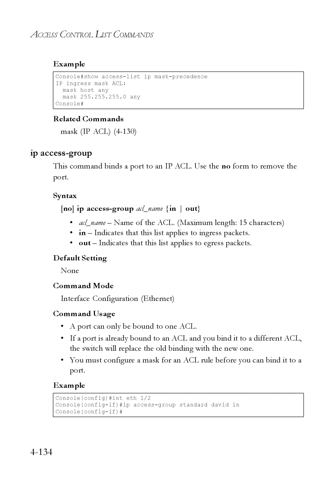 SMC Networks SMC6824M manual Ip access-group, Syntax No ip access-group aclname in out 