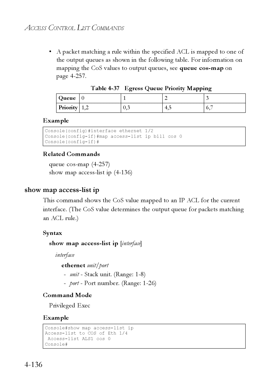 SMC Networks SMC6824M manual Egress Queue Priority Mapping, Queue cos-map4-257 Show map access-list ip 