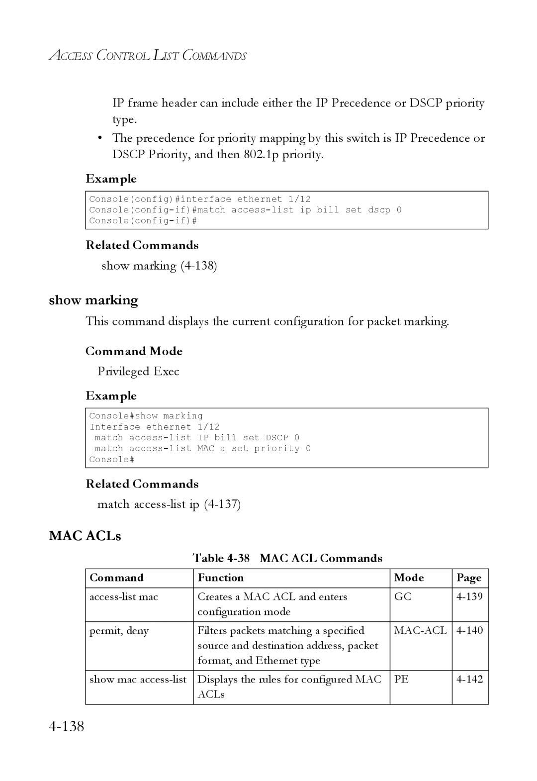 SMC Networks SMC6824M manual Show marking, MAC ACLs, Match access-list ip, MAC ACL Commands 
