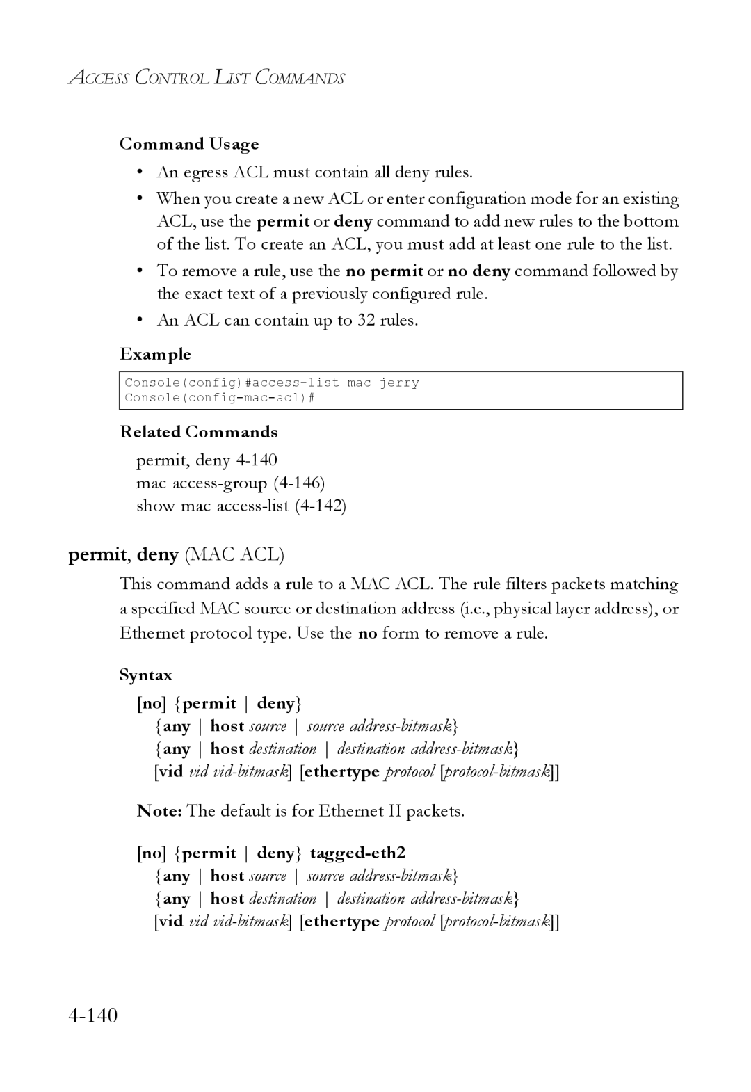 SMC Networks SMC6824M manual Permit, deny MAC ACL, Syntax No permit deny 