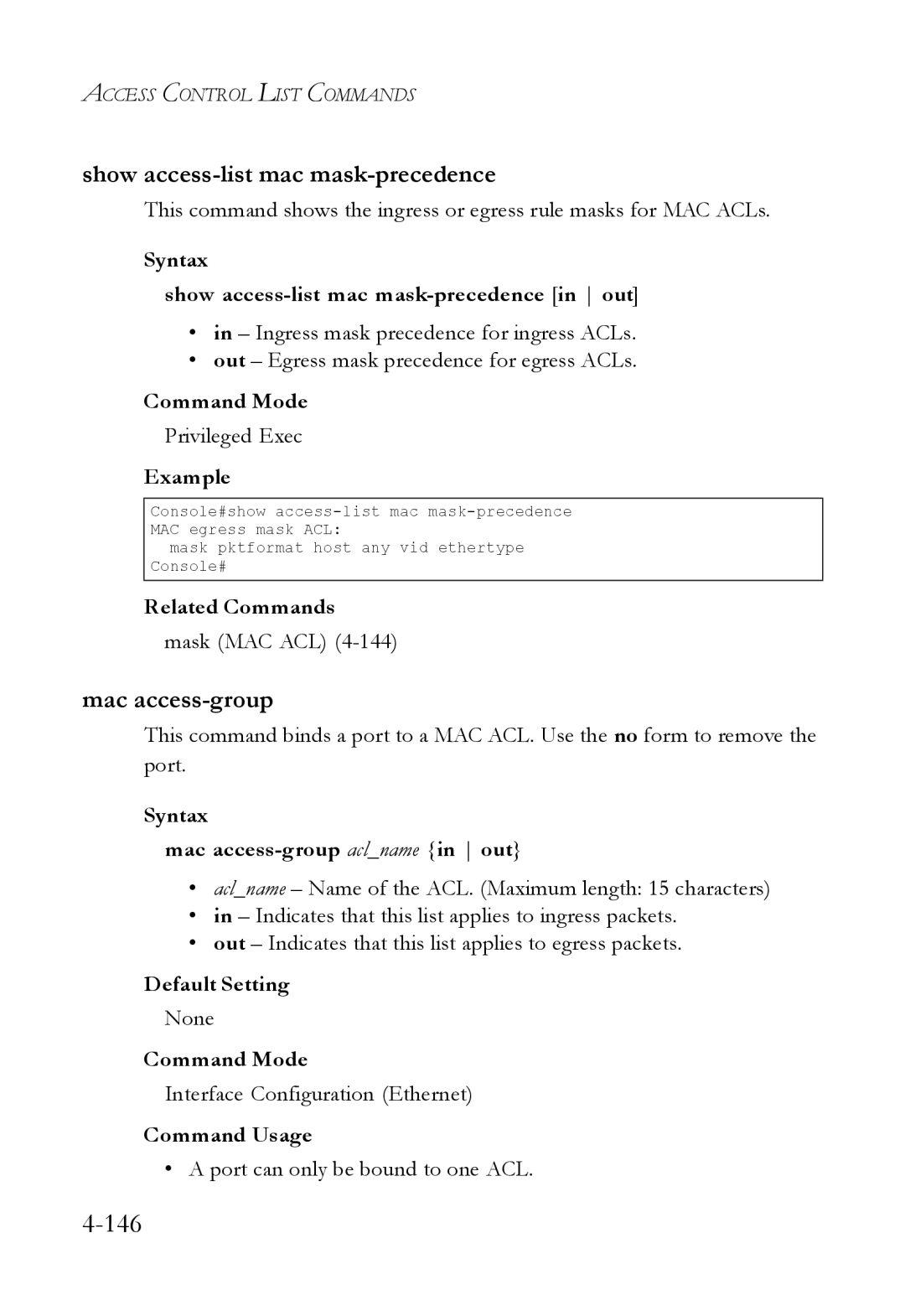 SMC Networks SMC6824M manual Show access-list mac mask-precedence, Syntax Mac access-group aclname in out 