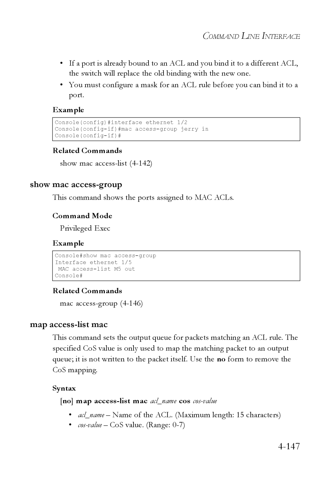 SMC Networks SMC6824M manual Show mac access-group, Map access-list mac, Show mac access-list4-142 