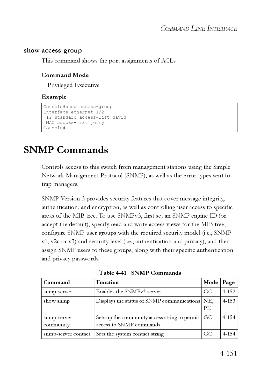 SMC Networks SMC6824M manual Snmp Commands, Show access-group, This command shows the port assignments of ACLs 